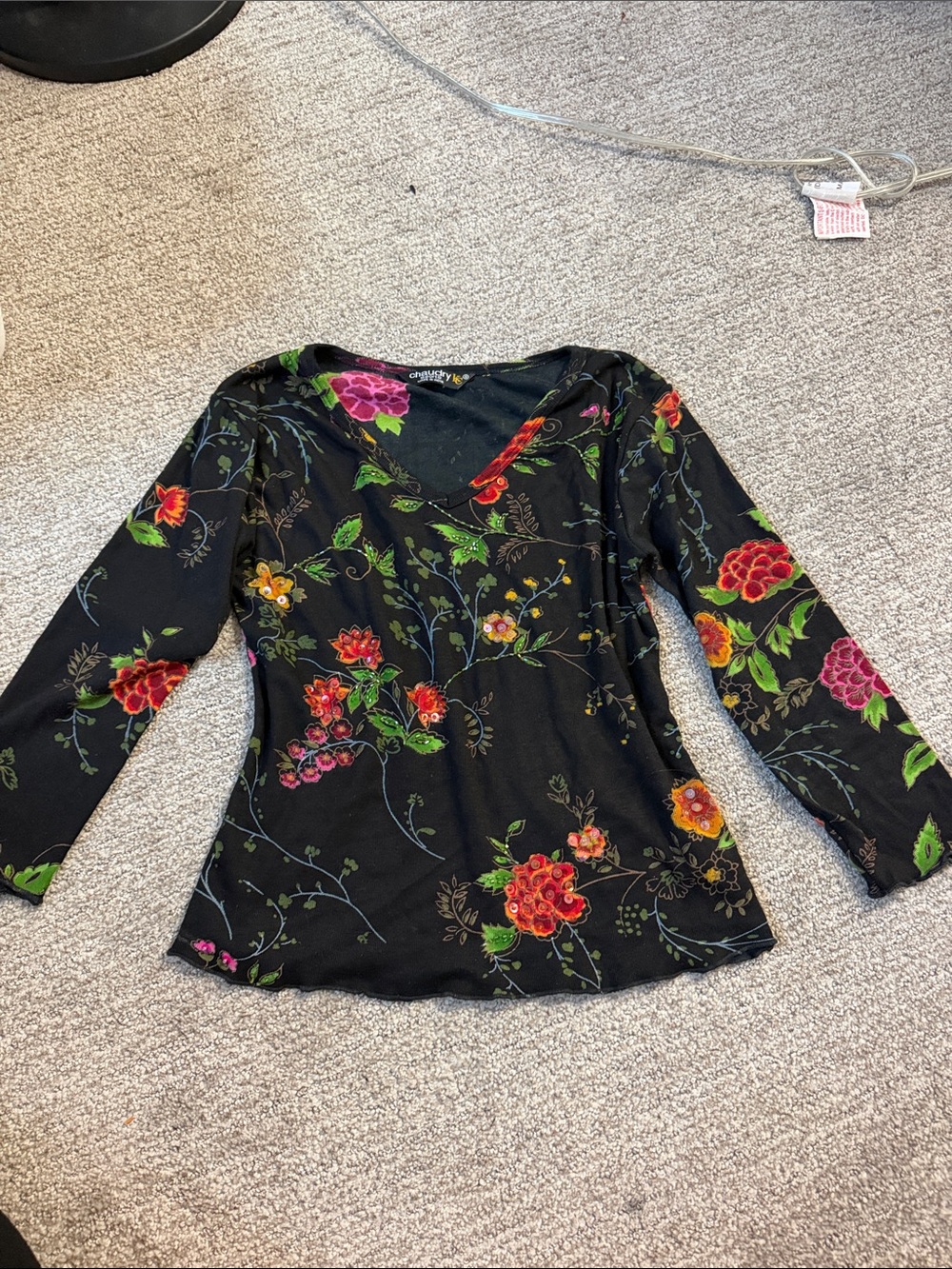 Floral V-Neck Long Sleeve Top - Black with Multicolor Flowers